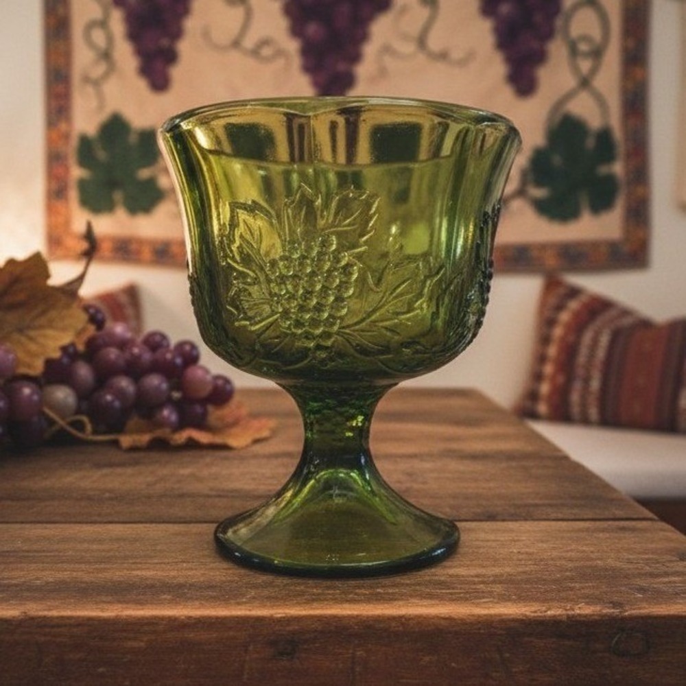 Indiana Glass Colony Harvest Grapes Compote, Vintage Avocado Green Pedestal Bowl